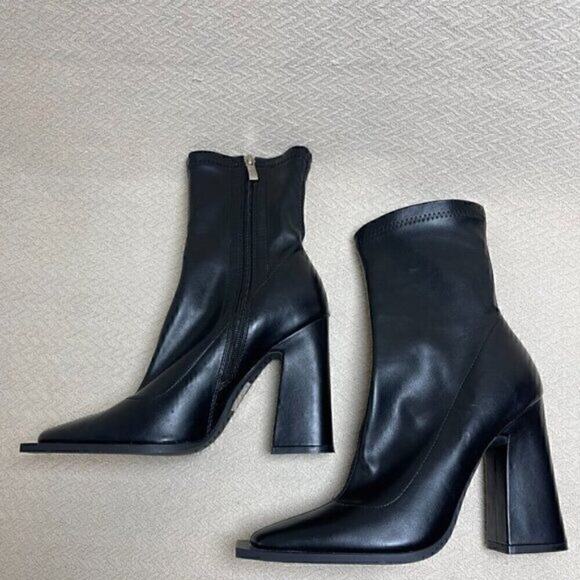 Princess Polly Mid-Calf Black Boots Women’s 6 Square Toe Block Heel Side Zipper - Picture 9 of 16